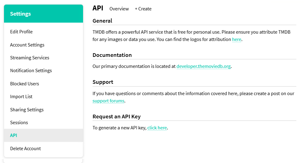 Paramètres API TMDB avec le lien Request an API Key