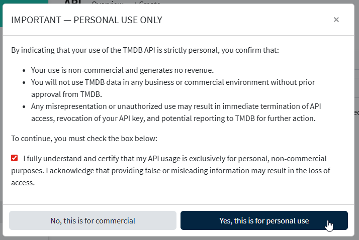 Confirmation TMDB de l'usage personnel non commercial