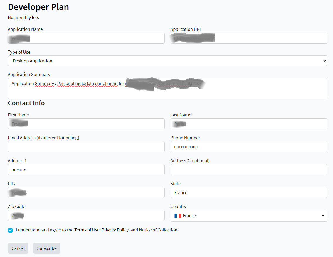 Formulaire TMDB Developer Plan