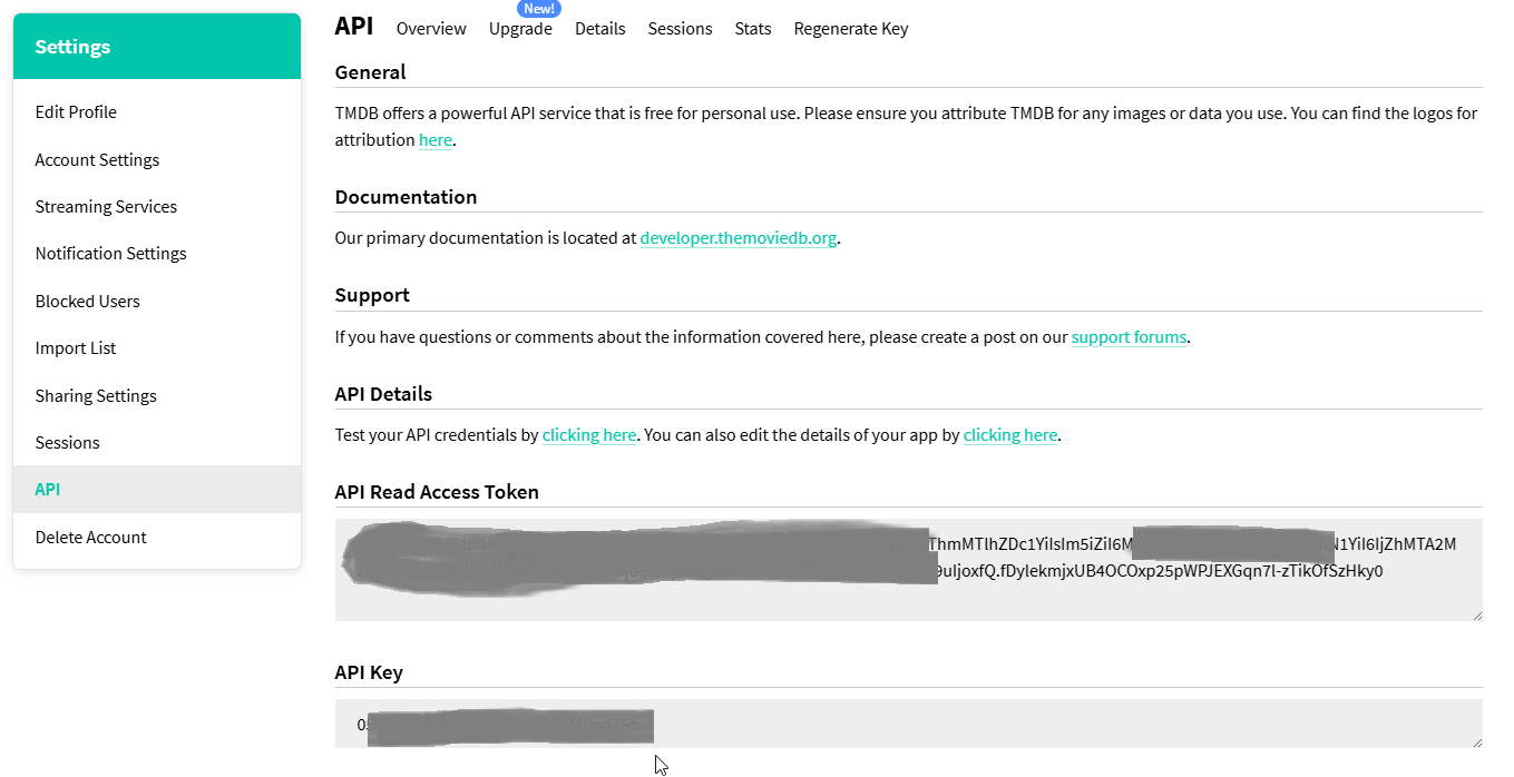 Page TMDB affichant API Read Access Token et API Key