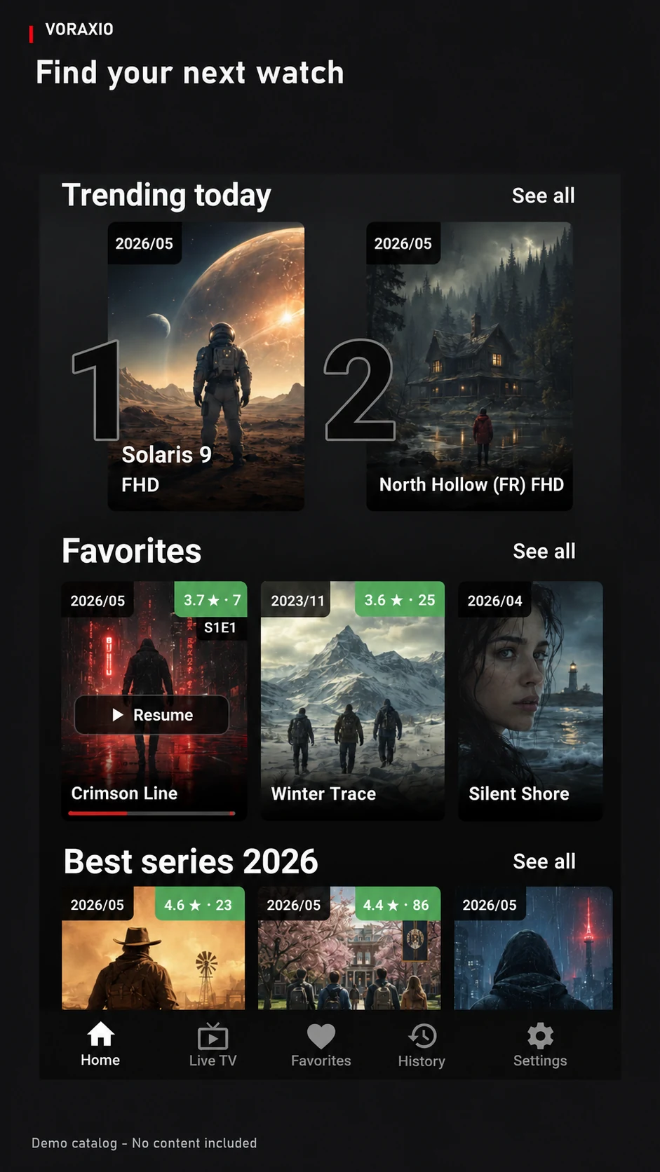 Voraxio home screen with catalogue rows