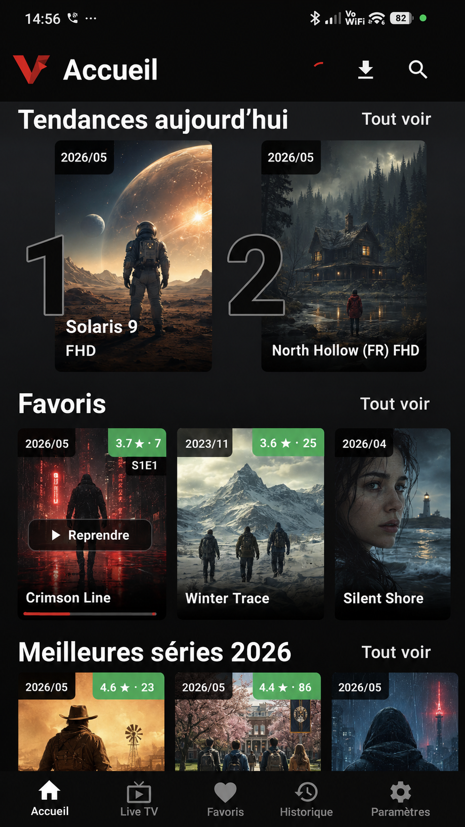 Voraxio mobile home screen with rows