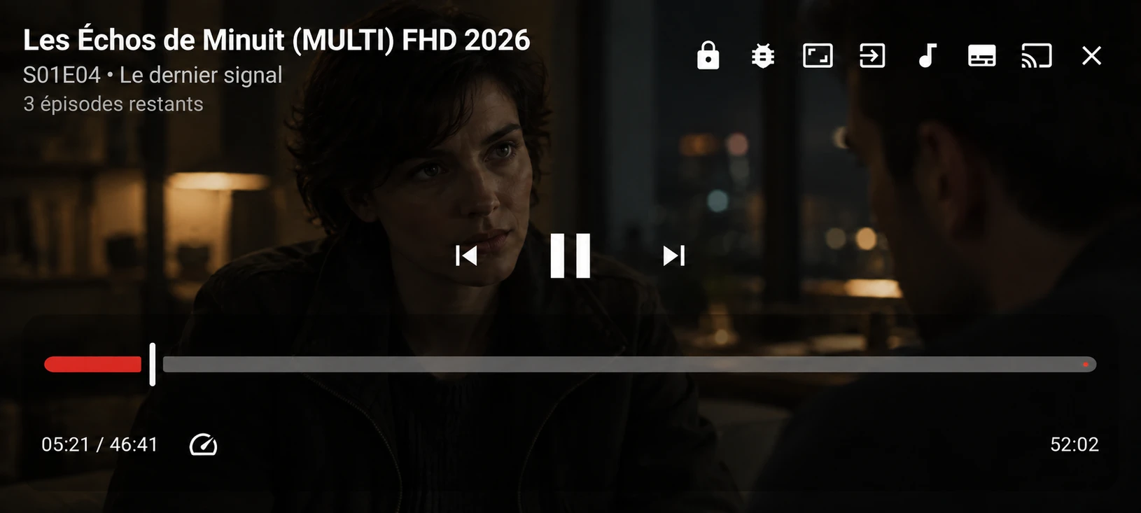 Lecteur Voraxio sur téléphone en paysage avec les commandes d’un épisode