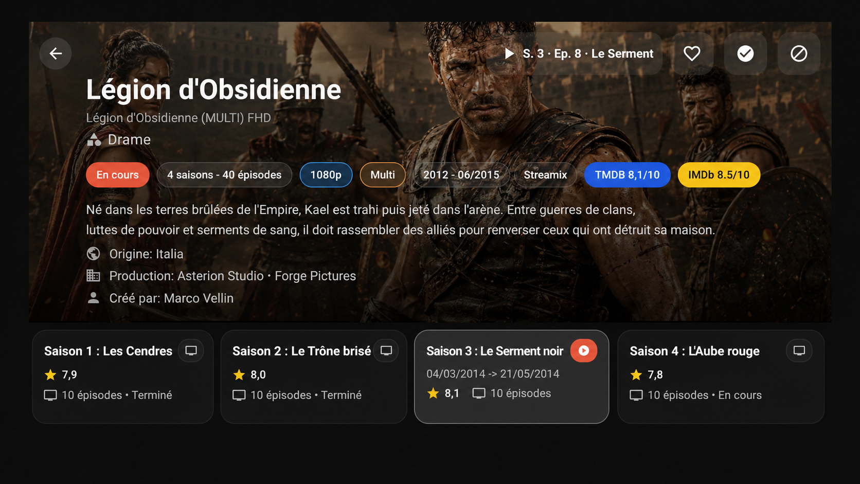Voraxio Android TV detail hero and seasons